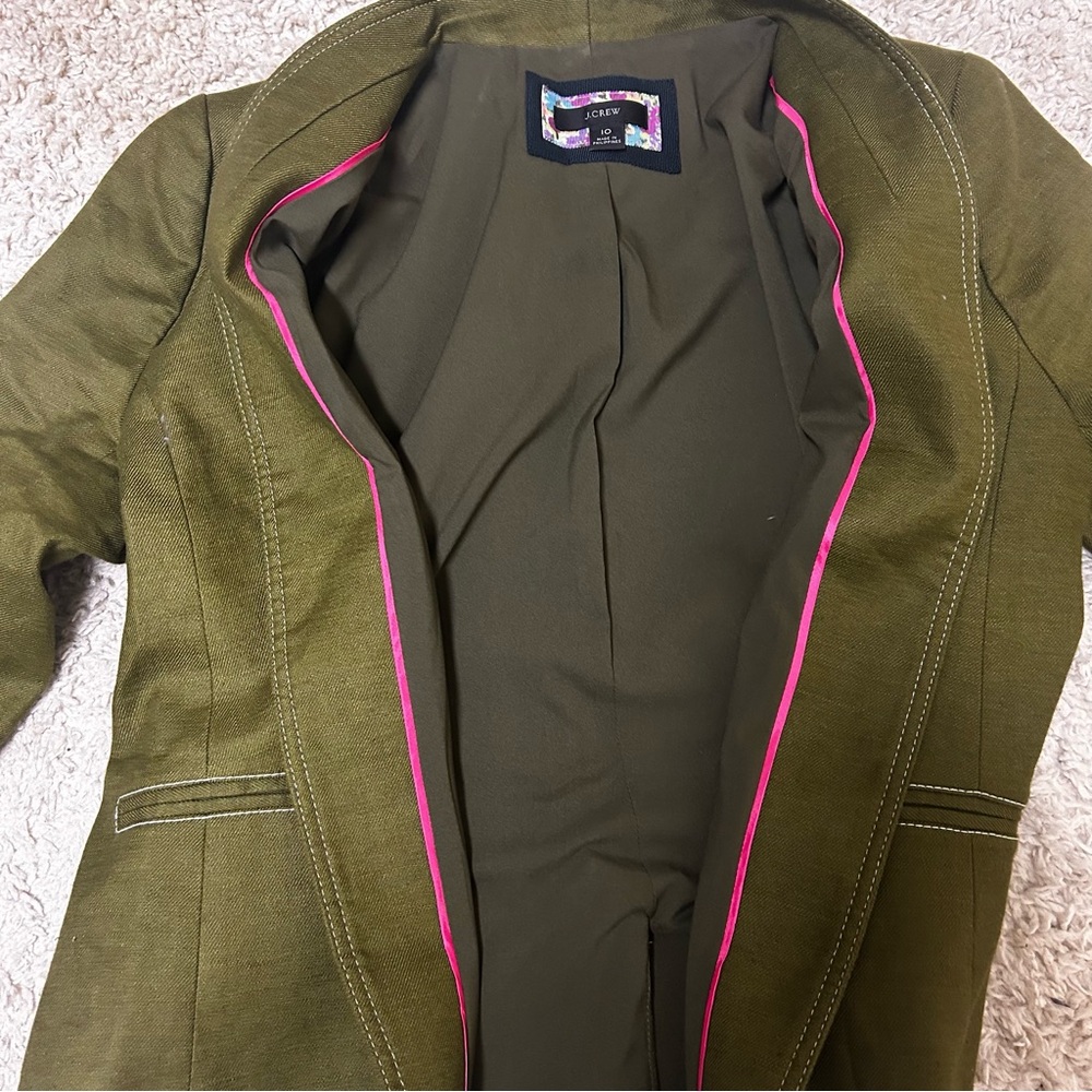 J. Crew Size 10 Going Out Blazer Jacket Olive Green Linen Blend Open Front EUC - Picture 5 of 14